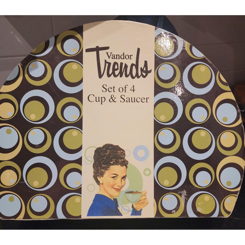 Vandor Trends Pin Up Art Retro Coffee Cup Saucer Set of 4 Ephemera 2008 White